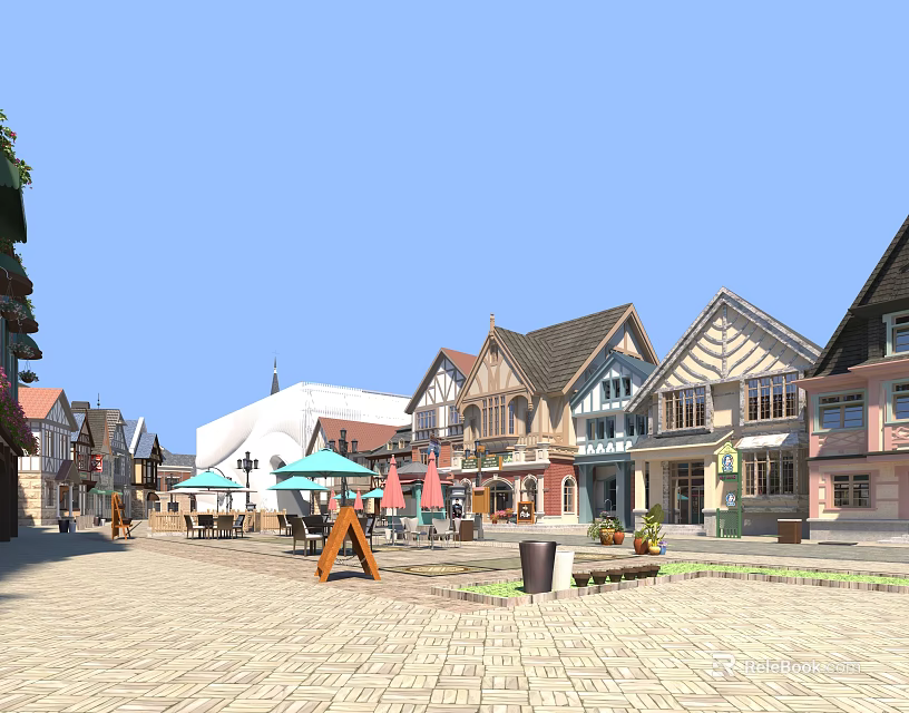 Vibrant Commercial Street With Diverse Architectural Styles Outdoor Dining Areas Colorful Umbrellas Tables And Pedestrians On Paved Walkway 3d model 