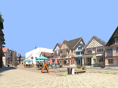 Vibrant Commercial Street With Diverse Architectural Styles Outdoor Dining Areas Colorful Umbrellas Tables And Pedestrians On Paved Walkway 3d model