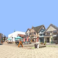 Vibrant Commercial Street With Diverse Architectural Styles Outdoor Dining Areas Colorful Umbrellas Tables And Pedestrians On Paved Walkway