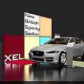 Modern Colorful Display Shelves With White British Sporty Sedan XEL Car Showcase
