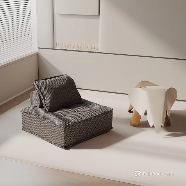 Gray Accent Chair in Modern Minimalist White Room with White Elephant Toy and Window Blinds 3d model 