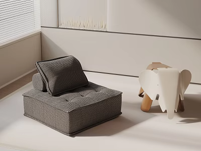 Gray Accent Chair in Modern Minimalist White Room with White Elephant Toy and Window Blinds 3d model