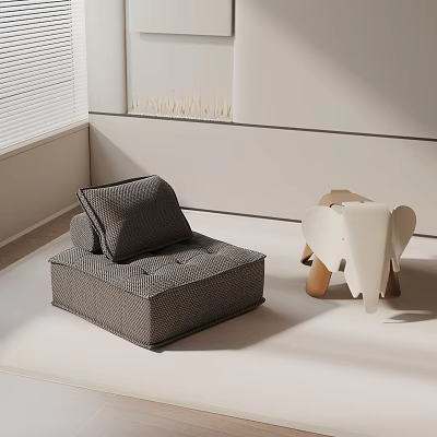 Gray Accent Chair in Modern Minimalist White Room with White Elephant Toy and Window Blinds 3d model