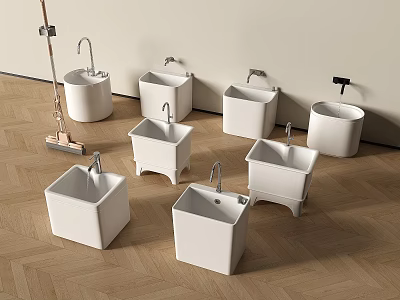 Modern Bathroom Accessories With White Ceramic Wash Basins And Faucets On Wooden Floor 3d model