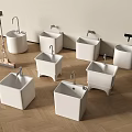 Modern Bathroom Accessories With White Ceramic Wash Basins And Faucets On Wooden Floor