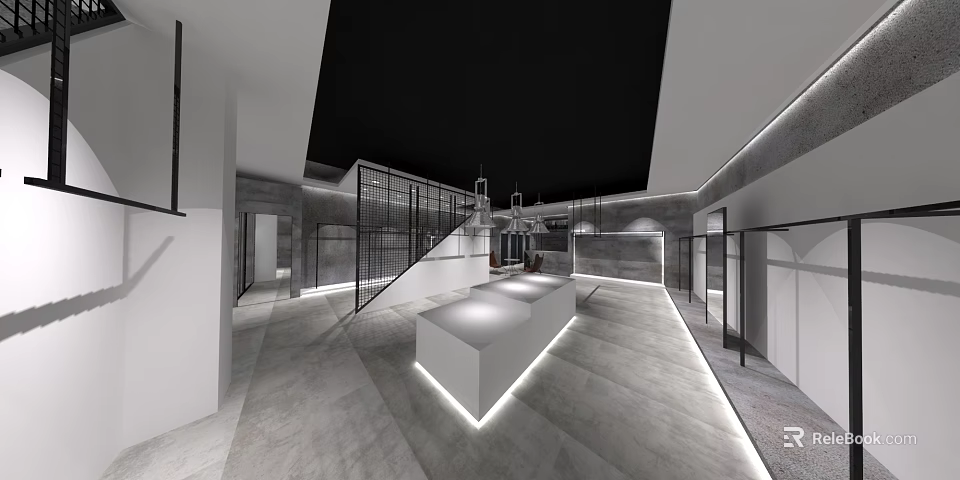 Modern Clothing Store Interior With Gray Flooring White Counters Metal Frames And Lighting 3d model 