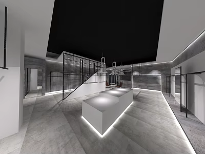 Modern Clothing Store Interior With Gray Flooring White Counters Metal Frames And Lighting 3d model