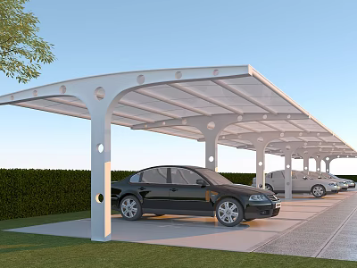 White Canopy Carport Structure With Covered Parking For Multiple Cars And Green Hedge 3d model