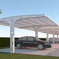 White Canopy Carport Structure With Covered Parking For Multiple Cars And Green Hedge