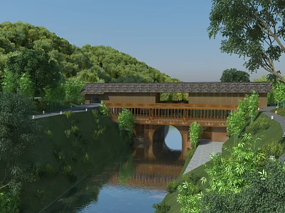 Scenic Garden Landscape With Wooden Arch Bridge Over Calm River And Lush Green Trees 3d model