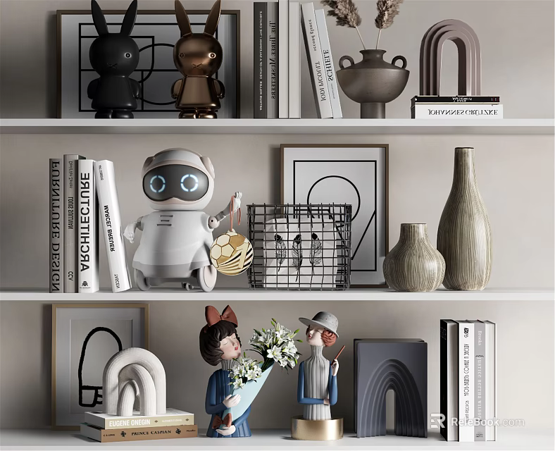 Decorative Ornament Set With Rabbit Figurines Robot Statue Vases Frames Books And Arch Decor 3d model 