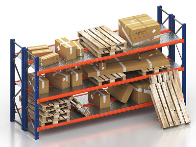 Multi Tiered Metal Storage Shelving Unit With Cardboard Boxes And Wooden Pallets 3d model