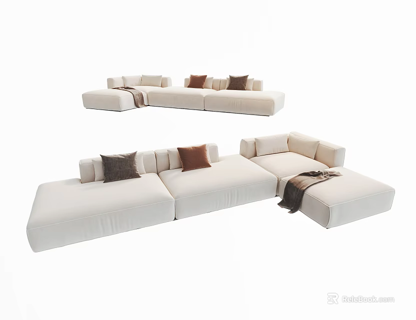 Light Beige Modern Sectional Sofa With Soft Linen Fabric And Decorative Pillows 3d model