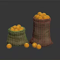 Fresh Oranges in Burlap Sacks with Scattered Fruits on Dark Background