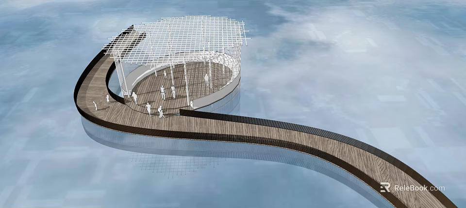 Curved Wooden Walkway Leading To Circular Waterfront Structure With Grid Roof 3d model 