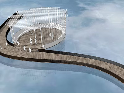 Curved Wooden Walkway Leading To Circular Waterfront Structure With Grid Roof 3d model
