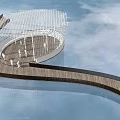 Curved Wooden Walkway Leading To Circular Waterfront Structure With Grid Roof