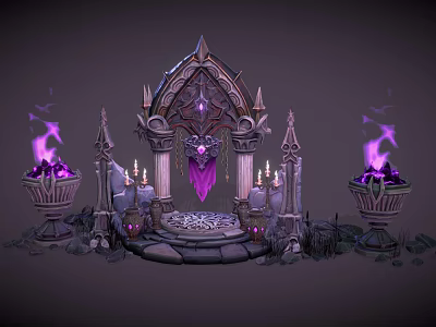 Ancient Shrine Altar Scene With Purple Flames Decorative Arch Candles Columns And Drapery 3d model
