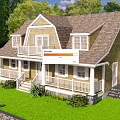 Single Family Home With Yellow Exterior White Railings Brown Roof And Lush Green Lawn