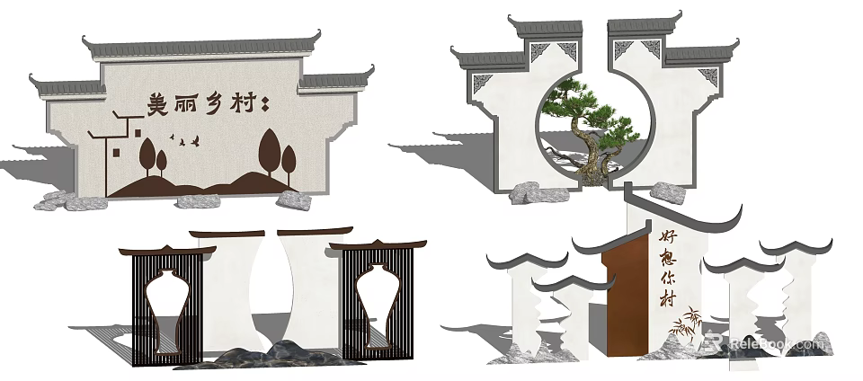 Chinese Style Scenic Wall Design With Traditional Tile Eaves Moon Gate And Pine Tree 3d model 