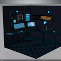 Futuristic Workspace With Multiple Screens Blue Lighting Console And Chair