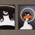 Modern Figurative Portrait Paintings With Hat Red Lips Halo And Orange Brush Stroke