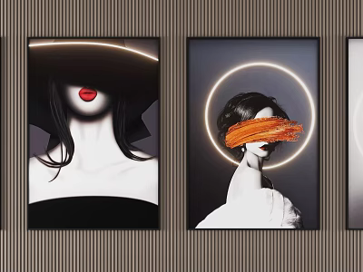Modern Figurative Portrait Paintings With Hat Red Lips Halo And Orange Brush Stroke 3d model