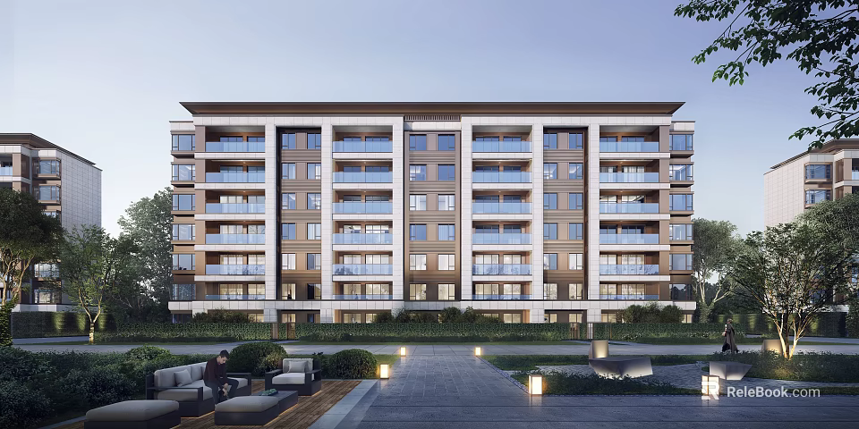 Modern Multi Storey Residential Building With Balconies Landscaped Gardens And Outdoor Seating 3d model 