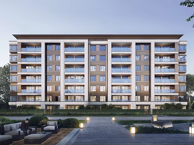 Modern Multi Storey Residential Building With Balconies Landscaped Gardens And Outdoor Seating 3d model