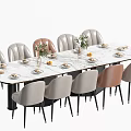 Modern Dining Table Set with Marble Tabletop Gray and Pink Chairs Tableware and Decorative Centerpieces