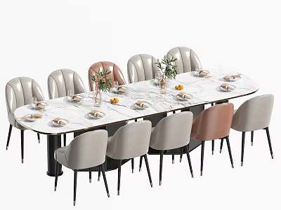 Modern Dining Table Set with Marble Tabletop Gray and Pink Chairs Tableware and Decorative Centerpieces 3d model