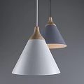 Modern Pendant Lights With Conical Shades Wooden Accents And White Blue Colors On Gray Background
