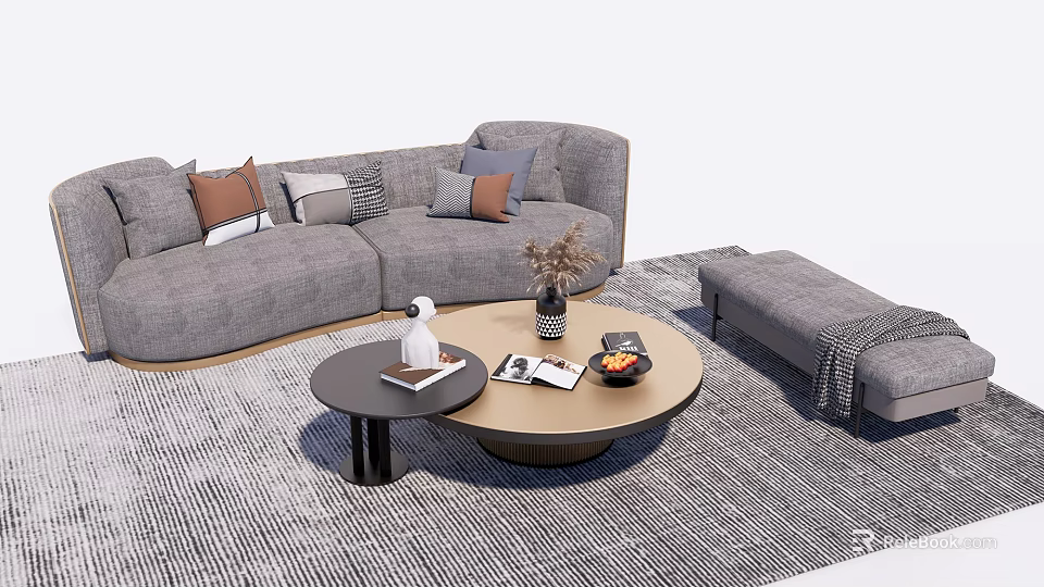 Gray Sofa And Round Coffee Table Set With Colorful Pillows Ottoman And Patterned Rug 3d model