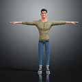 Male Character Standing In Green Long Sleeve Shirt Blue Jeans With Outstretched Arms Dark Background 3d model
