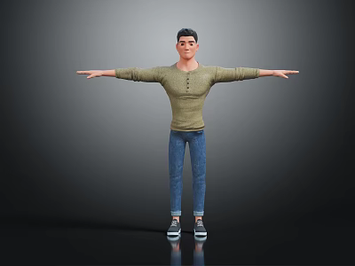Male Character Standing In Green Long Sleeve Shirt Blue Jeans With Outstretched Arms Dark Background 3d model