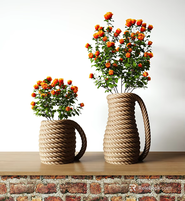 Two Brown Rope Woven Vases With Orange Flowers And Green Leaves On Wooden Table 3d model 