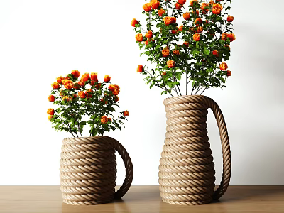 Two Brown Rope Woven Vases With Orange Flowers And Green Leaves On Wooden Table 3d model