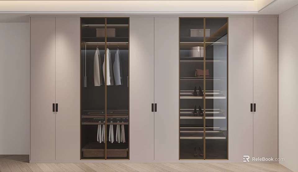 Modern White Wardrobe Interior Design With Glass Doors Hanging Clothes And Shelves 3d model 