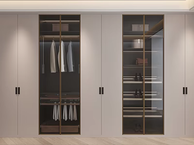 Modern White Wardrobe Interior Design With Glass Doors Hanging Clothes And Shelves 3d model