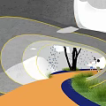 Modern Children's Play Area With Circular White Structure Green Plants And Water Feature