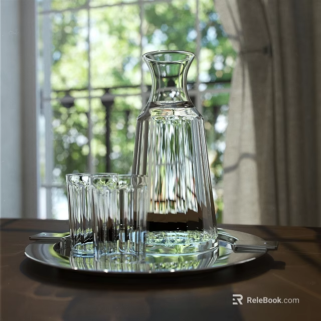Elegant Ceramic Decanter And Cups On Silver Tray By Window With Greenery 3d model 