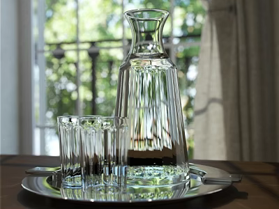 Elegant Ceramic Decanter And Cups On Silver Tray By Window With Greenery 3d model