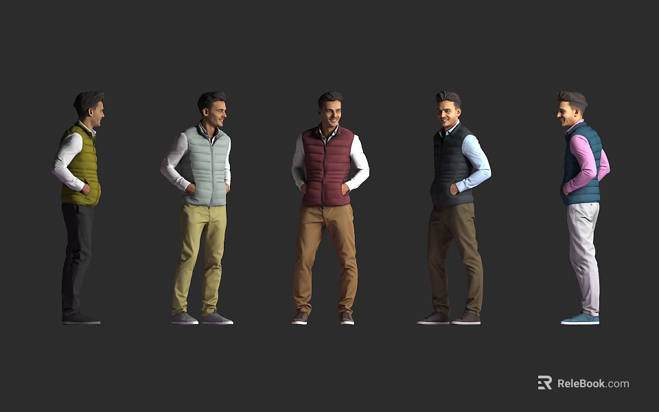 Men In Various Colored Vests And Shirts With Different Pants Styles 3d model 
