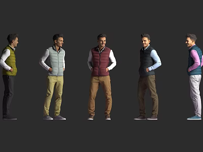 Men In Various Colored Vests And Shirts With Different Pants Styles 3d model