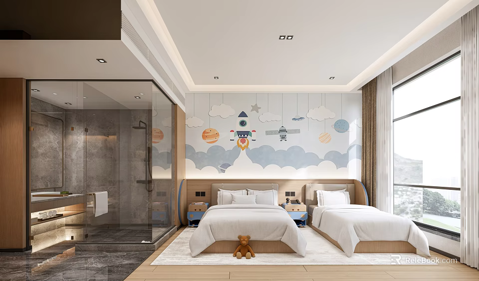 Hotel Guest Room With Space Themed Mural Rockets Planets Two Beds Transparent Bathroom Scenic View 3d model 