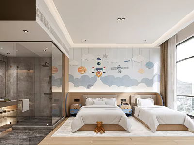 Hotel Guest Room With Space Themed Mural Rockets Planets Two Beds Transparent Bathroom Scenic View 3d model