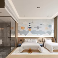 Hotel Guest Room With Space Themed Mural Rockets Planets Two Beds Transparent Bathroom Scenic View