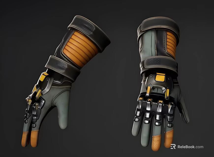 Futuristic Mechanical Gloves With Leather Construction Black Yellow Accents And Metallic Components 3d model 