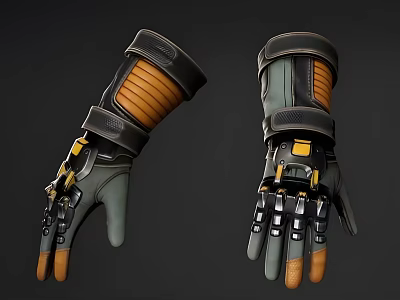 Futuristic Mechanical Gloves With Leather Construction Black Yellow Accents And Metallic Components 3d model