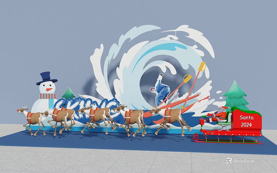 Christmas Scene With Snowman Reindeer Sleigh Santa And Wave Background 2024 3d model 